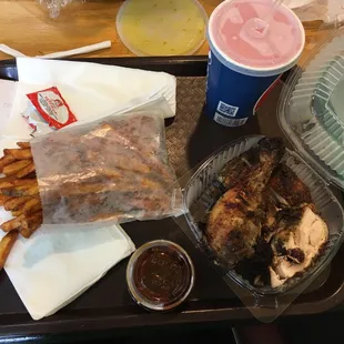 #1: jerked quarter chicken leg, seasoned fries, and a drink.