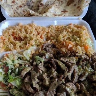 Carne asada plate. I opted for all rice. Their green salsa is best!