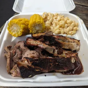 Two-meat combo (ribs and tri-tip), corn, and macaroni and cheese