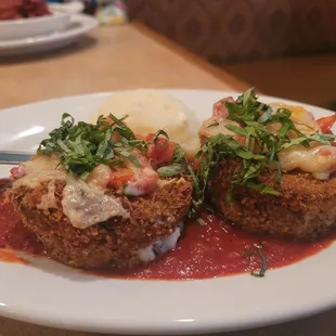 Eggplant in Carrozza.  Probably the best Italian eggplant dish ever had.   Comes with a side of mashed potatoes or kale.
