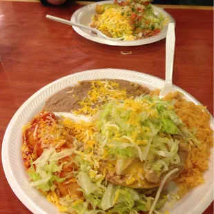 De Leon's Mexican Restaurant "5-ROLLED TACOS" &amp; "CHEESY CHICKEN TOSTADA W/RICE, BEANS, &amp; ENCHILADA"