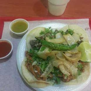 5  tacos With carmelized onions and they always roast a hot pepper fore me