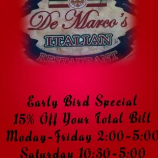 a red background with a sign that says early bird special 15 % off your gift bill friday - friday