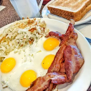 2 eggs, bacon, hash browns and toast