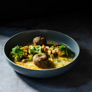 Sopa Otomi || potato broth, chochoyotes, pine nut, root vegetables.