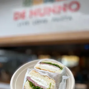 a person holding a plate with a sandwich on it