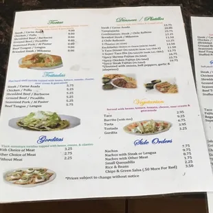 New menu prices Oct 2020