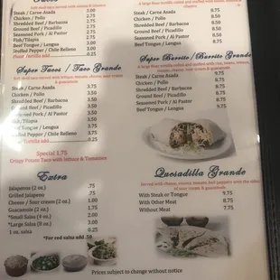 New menus/prices