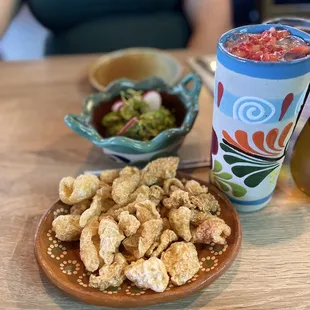 Chicharon with guacamole and an horchata