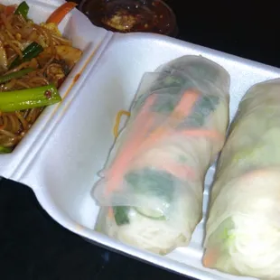 Vegetable Singapore noodles with veggie spring rolls