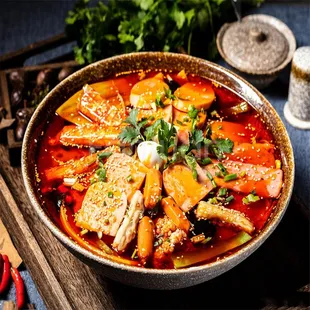 a bowl of soup with meat and vegetables