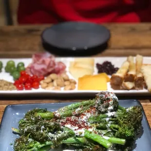 Fried Charred Broccolini and charcuterie plate