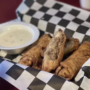 Philly cheesesteak egg rolls a must every time we come here!