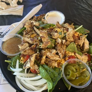 Grilled chicken salad which was very tasty. Chicken was freshly grilled and it wasn&apos;t just iceberg lettuce. Very good.