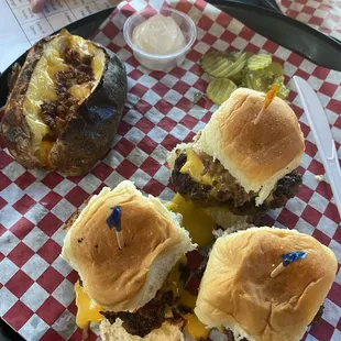 Cheeseburger sliders with brisket and baked tater