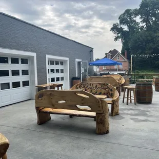 wooden benches and barrels