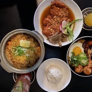 Adobo katsu (top), Pancit Malabon (left)