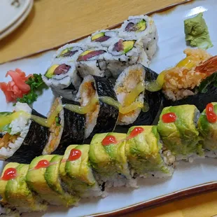 Tuna and avocado rolls, spicy shrimp tempura roll, and avocado/shrimp/cream cheese roll.