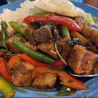 Chili Basil Crispy Pork with Fried Egg