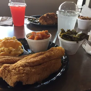 Fried catfish with macaroni, collars greens and candied yams