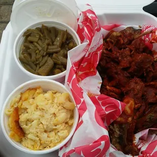 Rib Tips mac and cheese and green beans