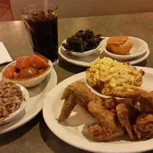 Chicken, mac and cheese, black-eyed peas, candied yams, greens and cornbread. Oh and sweet tea!