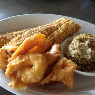 Catfish and Jumbo Shrimp combination, cornbread dressing side