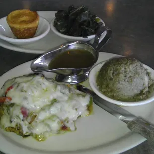T-bird (chicken breast smothered with cheese and veggies) with dressing, collard greens and cornbread