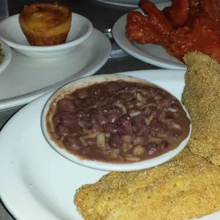 Catfish, red beans and rice, cornbread, hot wings, green beans.