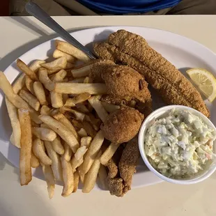 Catfish filet, fries, and slaw