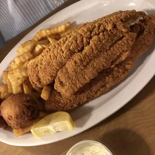 Catfish, fries and hush puppies
