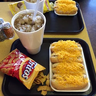 two hot dogs and chips