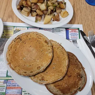 Buckwheat pancakes and homefries with onions &amp; peppers