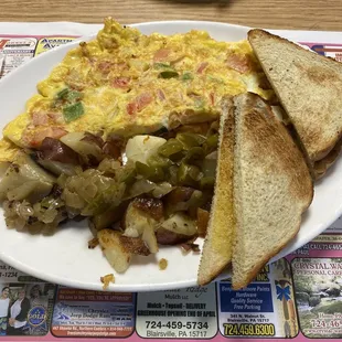 Vegetable omelet &amp; home fries with peppers and onions