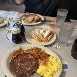 Dean's homestyle breakfast! Country sausage, scrambled eggs, extra crispy hash browns and a side of French toast.
