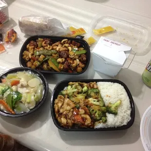 Chicken with cashew, chicken chop suey, chicken with broccoli