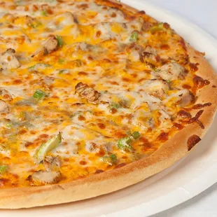 Kickin Blue Chicken- Crumbled blue cheese, seasoned chicken, celery, mozzarella and cheddar cheese with our spicy blue cheese sauce