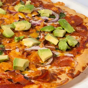 The Picaso- Pepperoni, spinach, red onions, cheddar and mozzarella cheese, fresh avocado