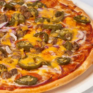 The Hot Stuff- Pepperoni, sausage, onions, jalapeno peppers, mozzarella and cheddar cheese