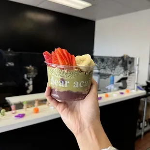 Acai, strawberry, banana, mango, coconut, matcha chia pudding