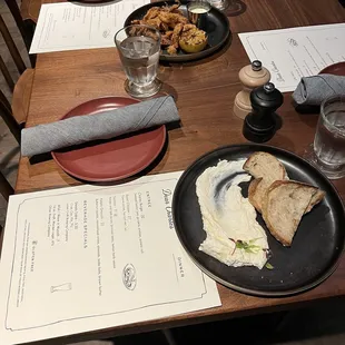 Appetizers calamari and whipped ricotta