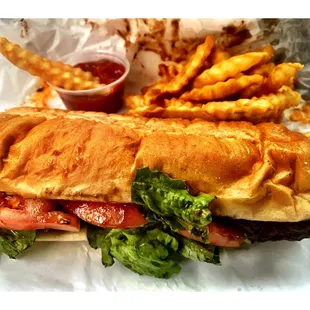 Skirt Steak(Lettuce Onions Tomato SteakSauce &amp; ex Cheddar on Garlic Bread) W/ Frise! Pretty Good!I liked the Taste but Steak little tough.