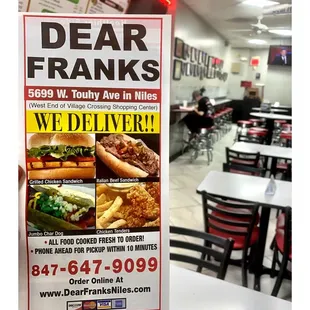 Dear Franks of Niles! (Village Crossing Shopping Center) Sandwiches Burgers Gyros HotDogs Chicken Italian Beef Salads Shakes etc. Cool!