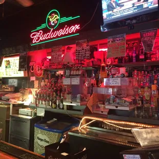 The bar here is comfy and looks like it is well stocked.