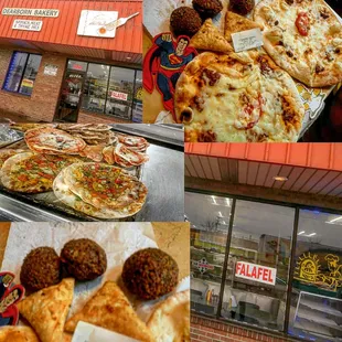 a variety of pizzas and pastries