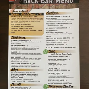 Dea's Back Bar Menu