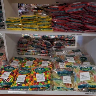 a shelf full of candy