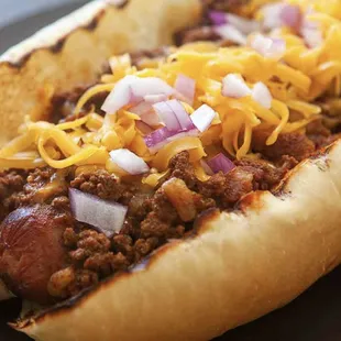 Chili dog with cheese and onion