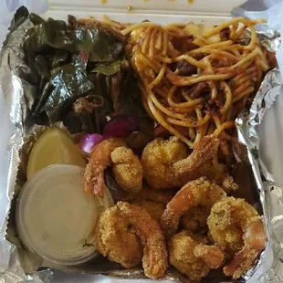Fried shrimp, baked spaghetti and collards