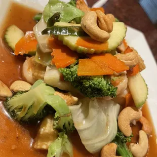 Cashew Shrimp and mixed vegetables with thai chili peppers.